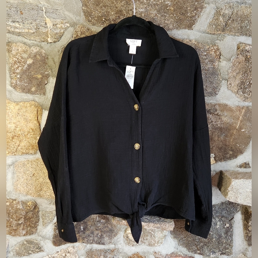 Loft Lounge Button Blouse With Front Tie Womens Size Large 100% Cotton